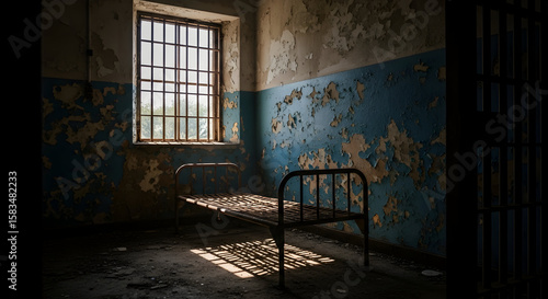 An old, abandoned prison cell with peeling paint and a metal bed bathed in sunlight through barred .