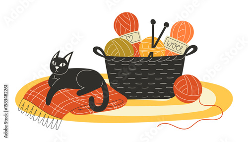 Cozy Cat Resting on Warm Blanket Next to Wool Yarn Basket and Knitting Needles Flat Style