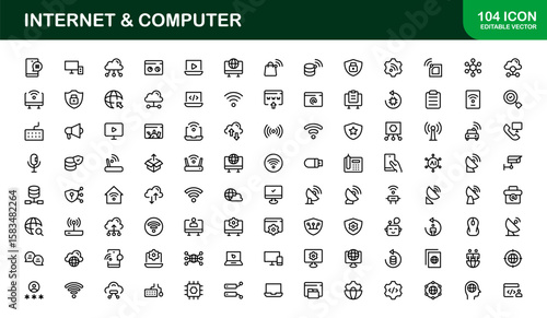 Internet and Computer Vector Icon Pack Featuring Network Device Cloud Browser Symbols in Clean Line Style