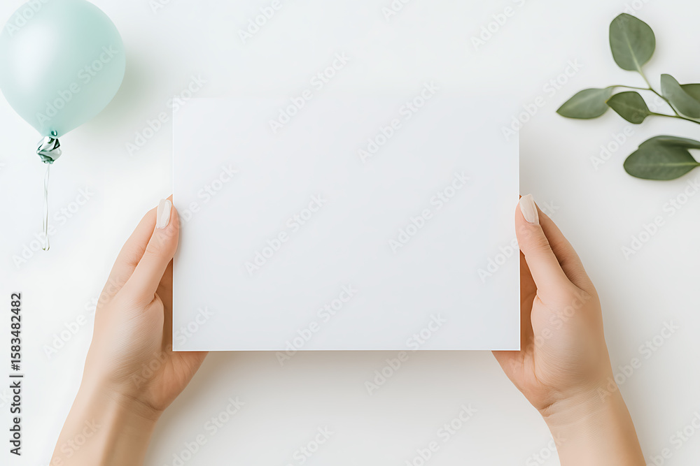 Obraz premium Hands holding a blank card next to a balloon and greenery on a white background. Perfect for invitations and announcements.
