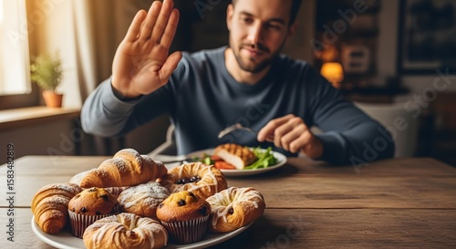 A man resolutely rejects tempting pastries, choosing a healthy meal instead. His determined hand signals a commitment to wellness, contrasting the delicious but unhealthy baked goods.
