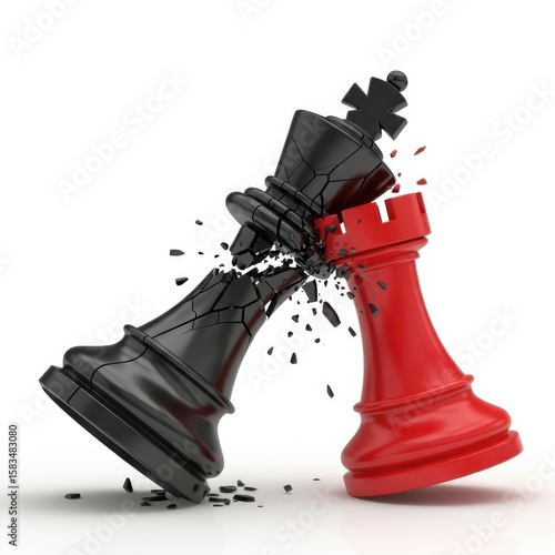 A black king shatters upon impact with a vibrant red rook chess piece