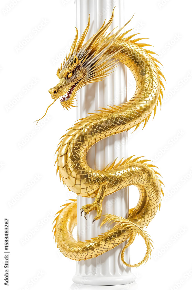 Fototapeta premium Golden Dragon of Power: A resplendent, golden dragon, coiled majestically around a pillar, exuding strength and ancient wisdom. The light highlights the dragon's intricate scales and fierce gaze.