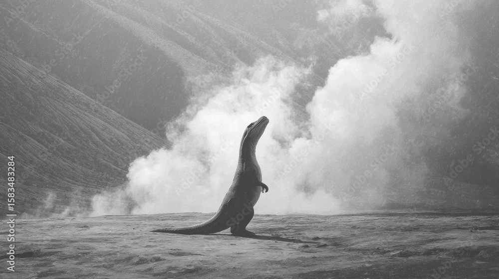 Fototapeta premium A grayscale dinosaur stands on a volcanic landscape, gazing upwards at a plume of smoke