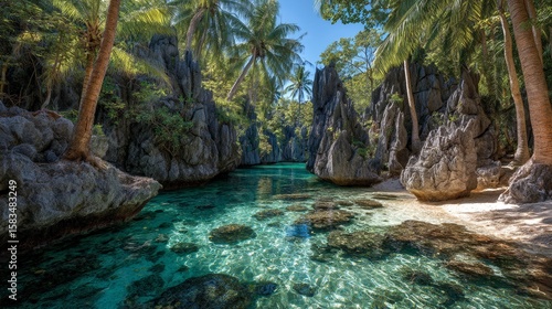 Fototapeta Naklejka Na Ścianę i Meble -  A beautiful river with a sandy beach and a lush green forest. The water is crystal clear and the rocks are large