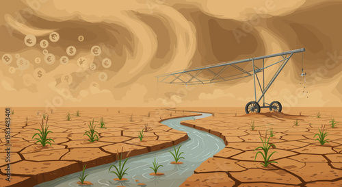 A farming irrigation system set in a dry, cracked land with small plants growing, while coins float in the air, indicating the cost and financial aspects of environmental management in arid regions.