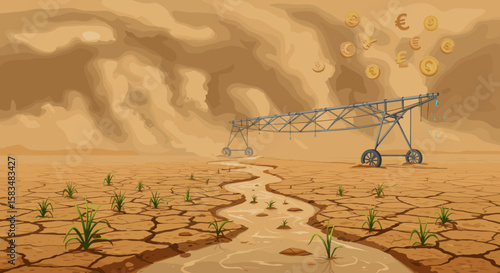 A farming irrigation system set in a dry, cracked land with small plants growing, while coins float in the air, indicating the cost and financial aspects of environmental management in arid regions.
