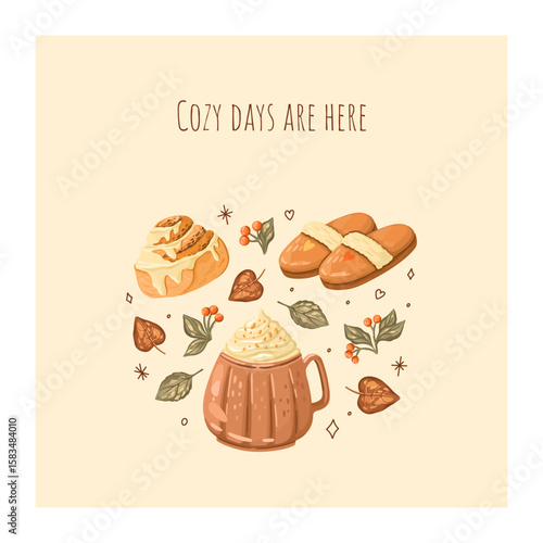 Autumn Cozy Card with Cinnamon Roll, Cacao, and Slippers. Vector.