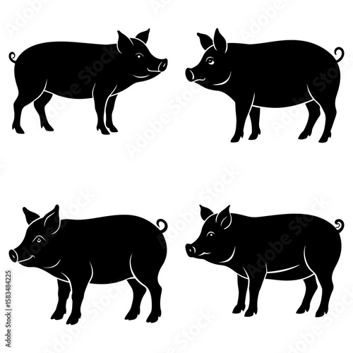 Illustration of four black silhouette pigs standing on a white background in a square format image