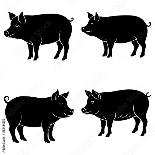 Four black silhouette drawings of pigs in various poses against a white background image illustration