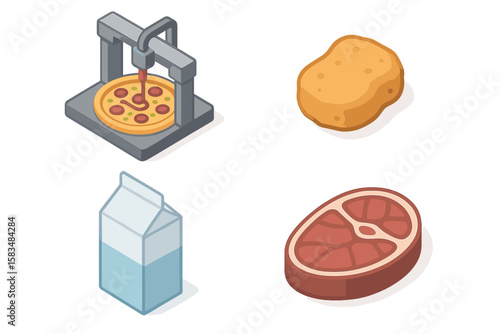 Different food items including a pizza maker, sponge, milk carton, and a slice of meat on a white background