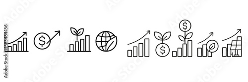 Growth indicators illustration highlighting investments, sustainability, and global trends in business
