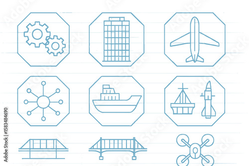 Various icons representing technology and transport in a minimalist design on a light background