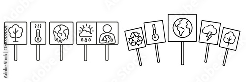 Climate change awareness signs displayed during an environmental rally highlighting global warming issues and sustainability efforts