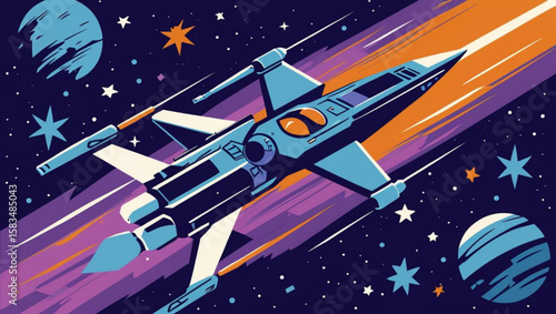 Sci-fi starfighter on an interstellar journey with planets and stars