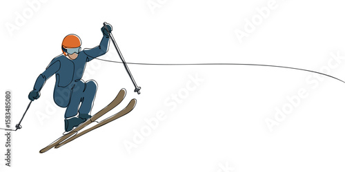 Colorful continuous line drawing of a freestyle skier mid-jump performing a trick, ideal for winter sports and Olympic visuals.