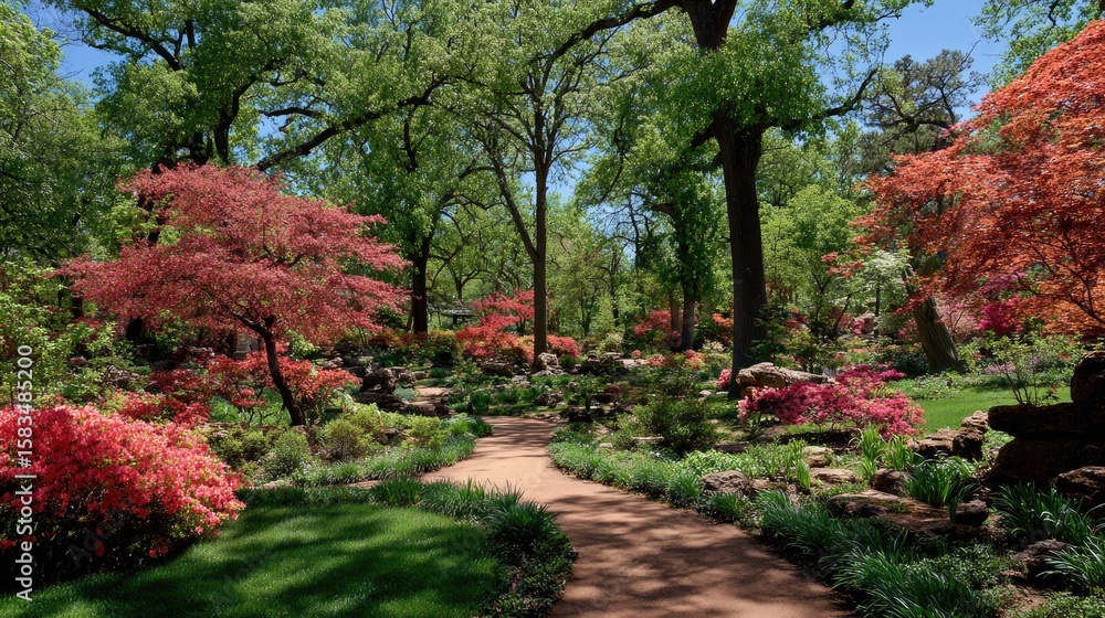 Naklejka premium A sun-drenched garden path winds through vibrant blooms and lush greenery.