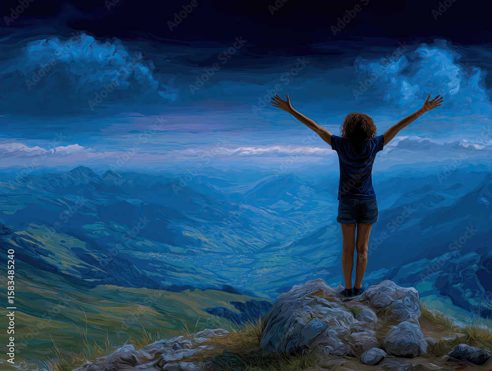 Young woman stands on rocky peak with arms raised, embracing the vast mountain landscape under a dramatic sky, symbolizing freedom and adventure in nature's beauty Young woman stands on rocky peak with arms raised, embracing the vast mountain landscape under a dramatic sky, symbolizing freedom and adventure in nature's beauty