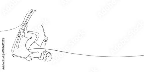 Continuous line art of a freestyle skier executing an upside-down aerial flip on skis, showcasing winter sports acrobatics.