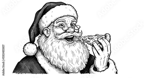 Vintage Ink Sketch Satisfied Santa Eating Pizza – Christmas Concept – Hand Drawn black and white illustration, Engraving Retro Style vector SVG.