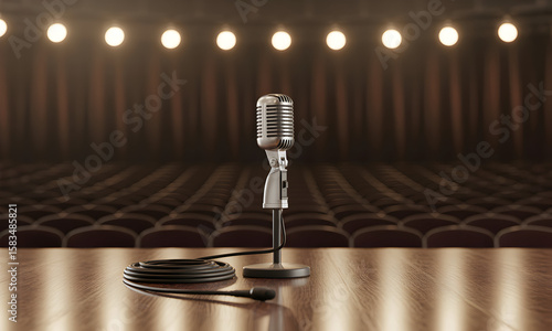 The spotlight illuminates a retro microphone on an empty stage, ready for a captivating performance.