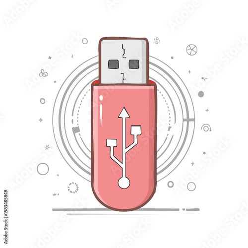 Cute pink USB drive illustration against stylized black background for data storage and transfer concept