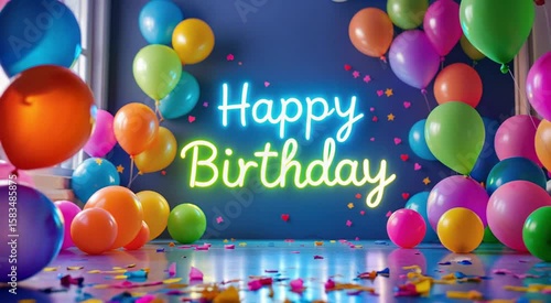 Birthday Celebration Video With Balloons Confetti And Neon Happy Birthday Sign