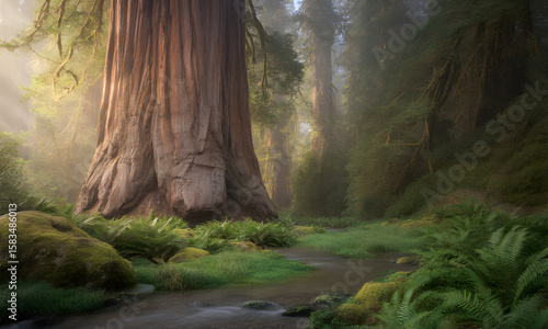 Towering ancient tree bathed in golden light within a verdant, mystical forest landscape