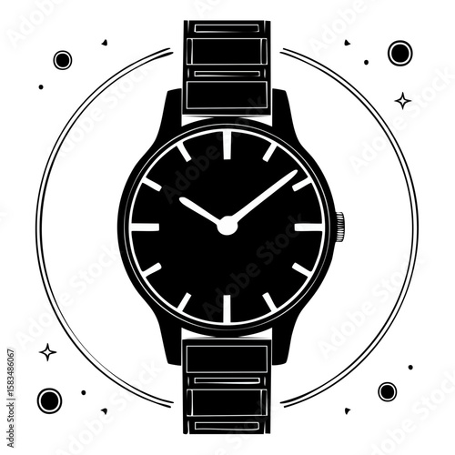 Wristwatch vector illustration White outline of analog watch against a black background for time management or fashion projects