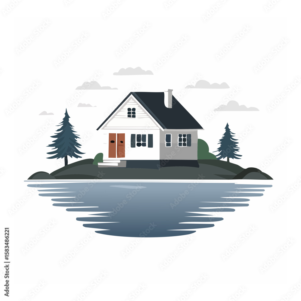 Naklejka premium A Peaceful Lakeside Cottage Illustration - Serene Landscape