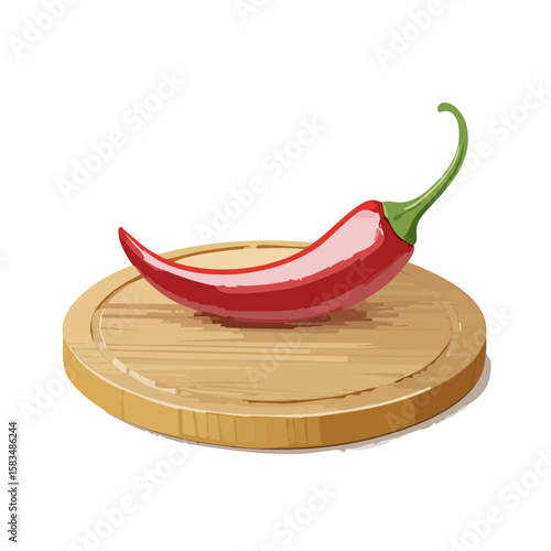 Illustration of a red chili pepper resting on a wooden cutting board.