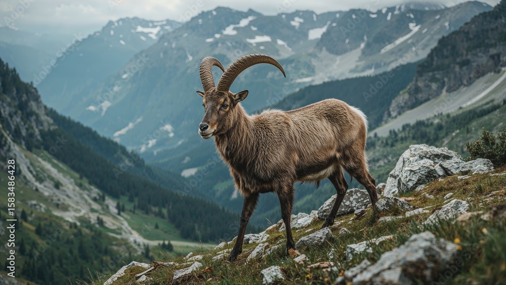 Mature male wild goat in mountainous terrain Mature male wild goat in mountainous terrain