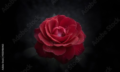 Vibrant red rose adorned with glistening water droplets against a dramatic dark backdrop