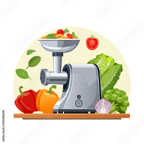 Meat Grinder with Fresh Vegetables Still Life Vector Illustration