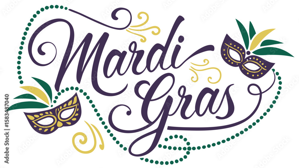 Naklejka premium Festive Mardi Gras design featuring vibrant colors and playful masquerade masks.