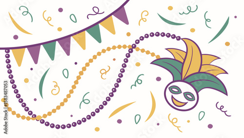 Colorful festive decorations featuring a masquerade mask, beads, and streamers, evoking a joyful celebration atmosphere.