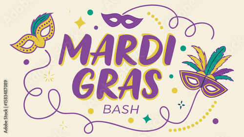 Colorful Mardi Gras Bash graphic featuring vibrant masks and festive designs.