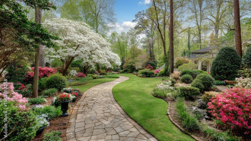 Winding stone path through a meticulously landscaped garden. Winding stone path through a meticulously landscaped garden.