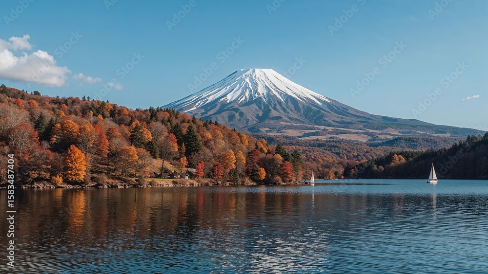 Obraz premium Vibrant fall leaves surrounding a tranquil lakeside beneath a majestic mountain