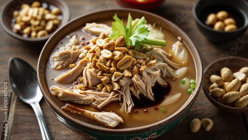 warm top view of bubur ayam in traditional bowl, with shredded chicken, cakwe, peanuts, soy sauce, and celery garnish, Indonesian breakfast food, cozy soft lighting 
