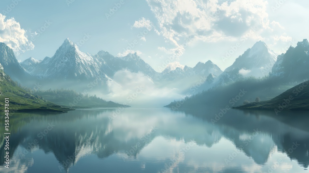 Fototapeta premium Calm lake surrounded by mountain peaks