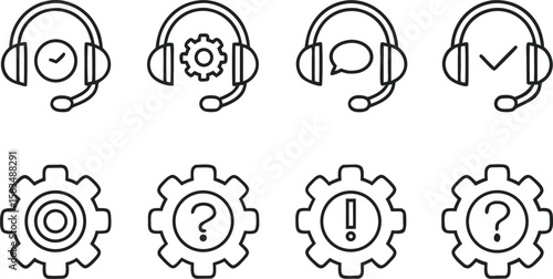 Set of eight outline icons for customer support and technical assistance