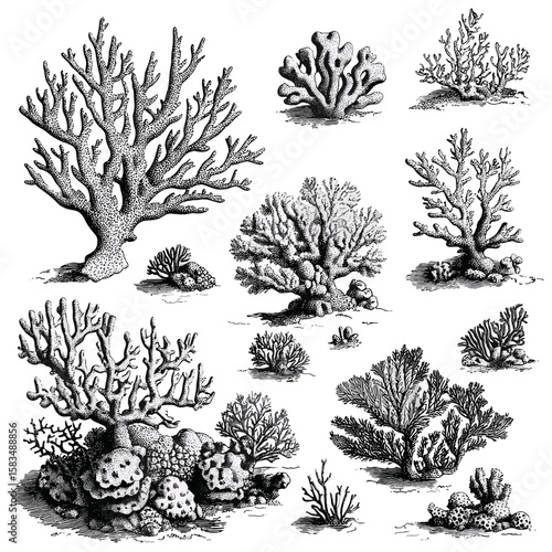 Antique coral reef texture, hand-drawn marine sketch, vintage sea detail, retro etching effect, trendy underwater texture, vector illustration, ocean floor elements, coral reef pattern, png.