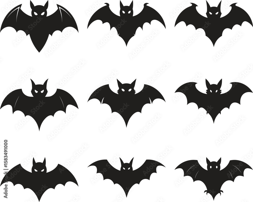 Nine Silhouettes of Bats for Halloween or Gothic Design Nine Silhouettes of Bats for Halloween or Gothic Design