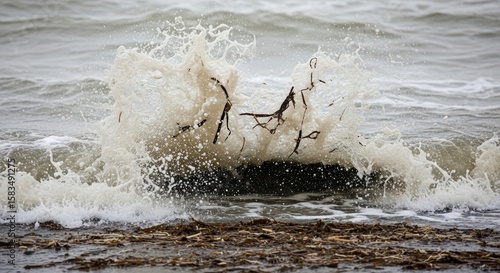 Wallpaper Mural Powerful Ocean Wave Crashing on Rocky Shore with Splashing White Foam and Scattered Branches Torontodigital.ca