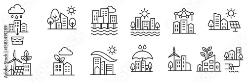 Urban sustainability concepts illustrated through icons showcasing eco-friendly practices and green technology in architecture