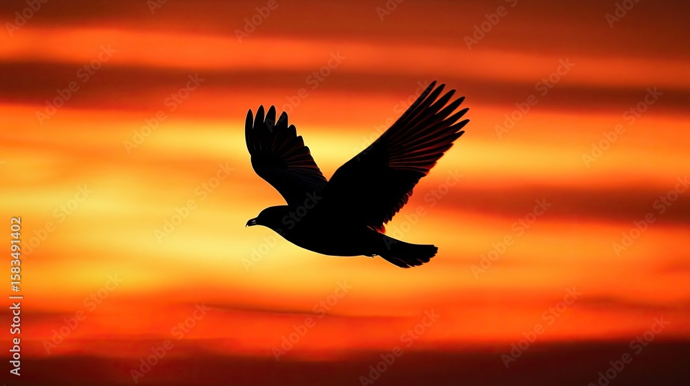 Fototapeta premium Bird Silhouette Soaring Through Fiery Sunset Skies