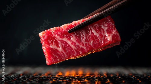 Wagyu Beef Slice Held by Chopsticks Above Grill for Gourmet Cooking Preparation