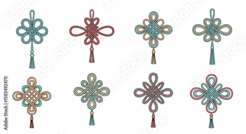 Intricate chinese knot ornaments featuring decorative tassels in various colors and designs