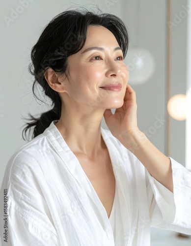 日本人女性, 40代後半, 朝の洗面所で保湿ケア, 清潔な白いシャツ, 柔らかい自然光, 健康的な肌, スキンケア広告風
Japanese woman in her late 40s, moisturizing in morning bathroom, clean white shirt, soft natural light, healthy skin